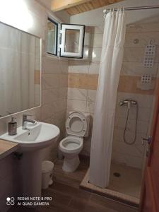 a bathroom with a toilet and a sink and a shower at Takis & Eirini Family Apartments in Perama