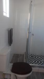 a bathroom with a shower and a toilet with a black lid at Jayla Homestay in Maun