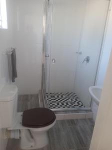 a bathroom with a shower with a toilet and a sink at Jayla Homestay in Maun