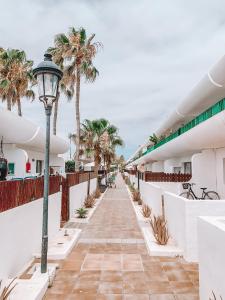 a walkway with palm trees and a street light at Dahlia Apartment DunaSol in Corralejo