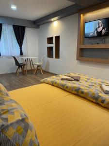 a bedroom with two beds and a flat screen tv at Apartments Lalović in Žabljak