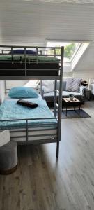 1 Schlafzimmer mit 2 Etagenbetten und einem Sofa in der Unterkunft Apartment für Monteure Nr 4 in Kassel