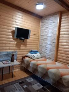 a bedroom with a bed and a flat screen tv at Під горою in Volovets