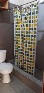 a shower curtain in a bathroom with a toilet at House in Puerto Villamil