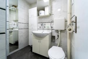 a white bathroom with a toilet and a sink at Apartman Šumice in Vračar (historical) +5 photos