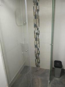 y baño con ducha y puerta de cristal. en ESTADIO APARTA HOTEL 201, en Medellín