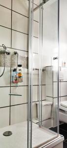 a glass shower in a bathroom with a toilet at Pension Ramser in Lindhorst