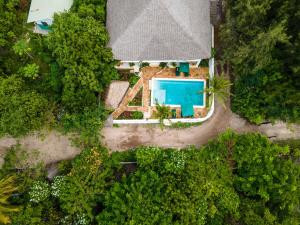 an overhead view of a house with a swimming pool and trees at Daima Villas in Jambiani