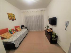 ein Wohnzimmer mit einem Sofa und einem TV in der Unterkunft BALI - PAZ & CONFORTO COM WIFI e VAGA,Máx4 pessoas in São Carlos