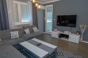 sala de estar con sofá y TV de pantalla plana en Athena Apartman, en Lukavica