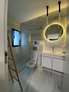 a bathroom with a toilet and a sink and a mirror at studio ilanit in Karmiel