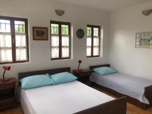 two beds in a room with windows at Holiday Home Iris in Blagaj