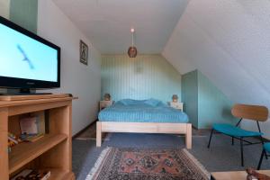 a bedroom with a blue bed and a television at s'Harzala Vert in Bergheim