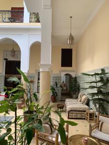 Riad Dar Hamid Hotel & Spa في مراكش: غرفة معيشة بها أريكة وبعض النباتات