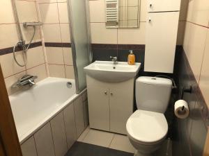 a small bathroom with a toilet and a sink at Blue River - Plac Legionow in Wrocław