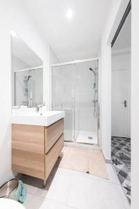 uma casa de banho branca com um lavatório e um chuveiro em L'explorateur du Grecourt em Tours