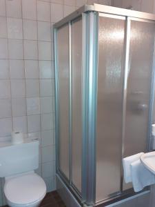 ツェル・アム・ツィラーにあるGästehaus Birkenheimのバスルーム(シャワー、トイレ、洗面台付)