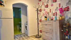 a bathroom with a refrigerator and a washing machine in a room at Apartament Deny in Sulina +6 photos