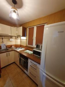 een keuken met een witte koelkast en een fornuis bij Apartament Mario in Kolno