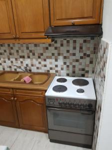 uma cozinha com um fogão e um lavatório em KORONI MARE APARTMENTS em Koroni