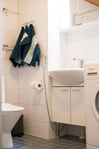 uma casa de banho com um lavatório e uma máquina de lavar roupa em Lillmåsen Naantali - atmospheric and very comfy studio em Naantali