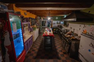 a kitchen with a counter in the middle of a room at Alhue Patagonia Hostel in San Martín de los Andes