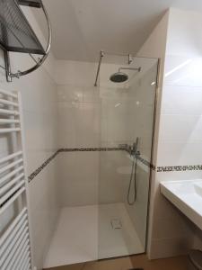 a glass shower in a bathroom with a sink at Apartmaji Pregelj in Koper +57 photos
