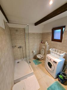 ein Bad mit einer Dusche und einer Waschmaschine in der Unterkunft Apartment Eva in Biograd na Moru