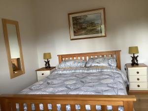a bedroom with a bed and two night stands with lamps at Woodcutters Barn, overlooking Ledbury & Malvern Hills in Ledbury