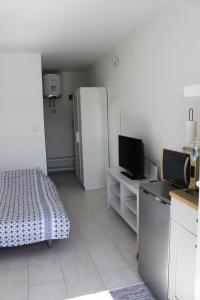 a small room with a bed and a refrigerator at Apartments Estelle in Pula
