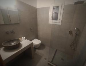 a bathroom with a sink and a shower and a toilet at Revel Mykonos 3 in Ornos