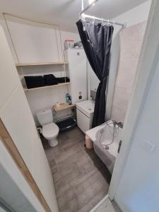 La petite salle de bains est pourvue de toilettes et d'un lavabo. dans l'établissement THELNA elya, à Bray-Dunes