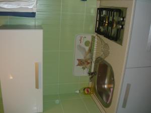 y baño de azulejos verdes con ducha y ventilador. en Galagonyás apartman, en Eger