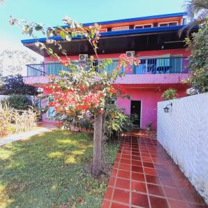 une maison rose avec un arbre dans la cour dans l'établissement Guembe al Rio Hostel, à Puerto Iguazú