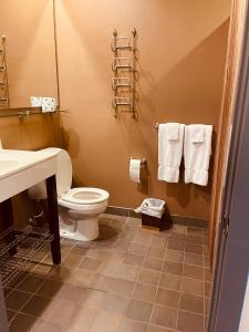 a bathroom with a toilet and a sink and towels at Ski In/Out (In The Village Close To Everything) in Snowshoe