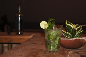 a drink sitting on a wooden table with a plant at Hostel Casa Moringa in Zipolite