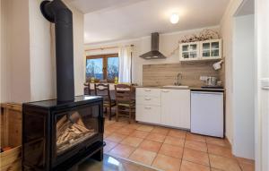eine Küche mit Herd in der Mitte eines Zimmers in der Unterkunft Stunning Home In Rakovicko Seliste With Kitchen in Selište