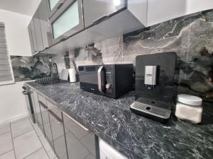 eine Küche mit einer Mikrowelle und einer Kaffeemaschine auf der Theke in der Unterkunft Blue Star STUDIO in Craiova