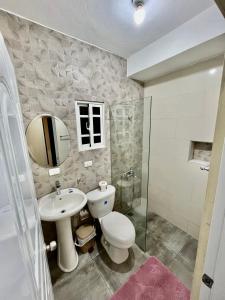 a bathroom with a toilet and a sink and a mirror at Oasis de Paz 1.2 in Jarabacoa