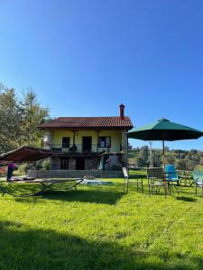 a house with chairs and an umbrella in the grass at CASA RURAL EN RIAÑO-SOLORZANO in Santander