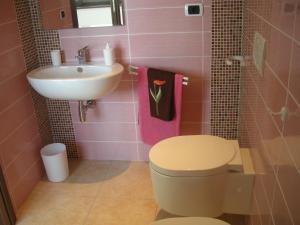 Baño de color rosa con aseo y lavamanos en Bed And Breakfast San Martino, en Castignano