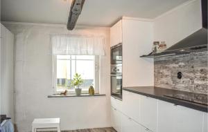 una cocina con armarios blancos y una ventana con una planta en 4 Bedroom Cozy Home In Smedstorp en Smedstorp