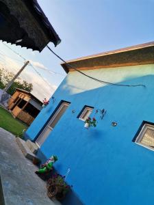 uma casa azul com pessoas sentadas ao lado dela em Casa Andrei A em Corbu