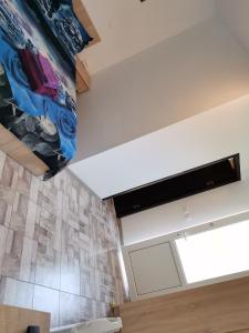 um quarto com um tecto, uma televisão e uma parede em Casa Andrei A em Corbu