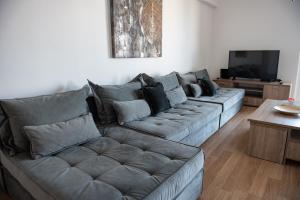 a living room with a couch and a television at Renovated apartment 5min from subway station 'Attiki' in Athens