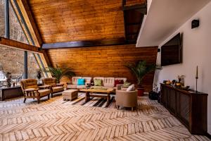 a living room with furniture and a wooden wall at CABANELE IULI'S HOME in Runcu