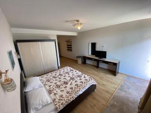 Un dormitorio con una cama y un escritorio con televisión. en VILA LITORIA, en Costinesti