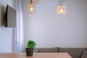 a living room with a table and a potted plant at Summer Feelings in Skala Sotiros