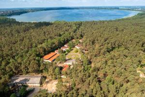 an aerial view of a house in a forest next to a lake at IDA Arendsee in Arendsee