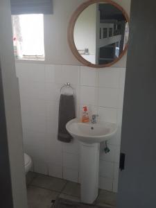 a bathroom with a sink and a mirror at Croc Lapa Chalet in Malelane